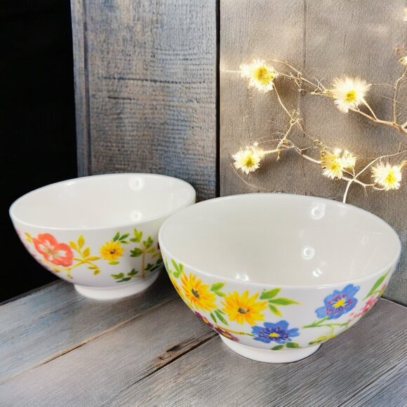 ANTHROPOLOGIE Ceramic Deep Dish Bowl Set 2 Dishes Bowls Flower Multicolor Pair - Picture 1 of 16